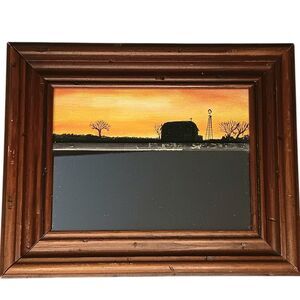 Vintage Small Painting W/ Mirror Barn Windmill Landscape Sunset Framed Rustic